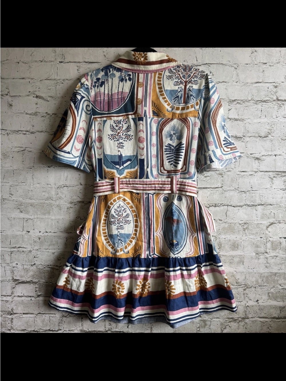 Farm Rio Cerrado Stamps Short Sleeve Belted Linen Mini Dress - Picture 10 of 15